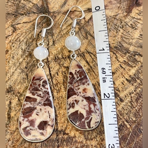 Coconut Jasper & Rainbow Moonstone Earrings 2 1/2” - Picture 11 of 14